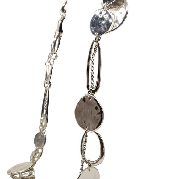 Chicos Silver Tone Necklace 41" Long Two Strand Hammered Disk Chain Statement - Picture 6 of 8